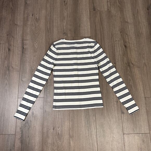 J.Crew Fine Rib Knit Cardigan Womens M White Blue Stripe Button Front Slim Fit - Picture 5 of 7